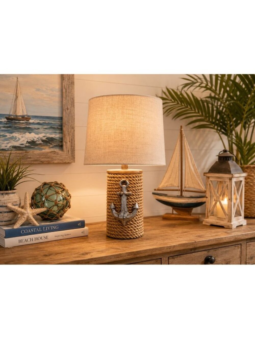 New Nautical Anchor Table Lamp Coastal Beach House Rope Wrapped Accent Lamp
